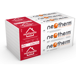 Neothermi Neofasada Super 040 valged tiheda tekstuuriga isolatsiooniplaadid, pakitud punasesse ja valgesse kasti.