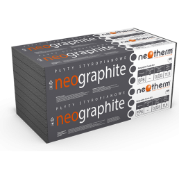 Valge plokkide pakend musta ja oranži tekstiga, mis sisaldab Neotherm styrofoam Neographite Fasada 033 isolatsioonimaterjali.