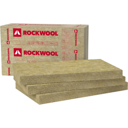 Rockwool Rockmin mineraalvill, helepruunid isolatsiooniplaadid, pakend valge ja punase logoga.