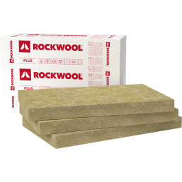 Kolm ROCKWOOL Rockmin Plus mineraalvilla plaati hallikaspruunis toonis, pakitud punase ja valge tooniga kasti.