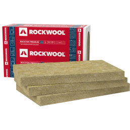 Pakendis on Rockwool Rockton Premium mineraalvilla plaadid. Kollakaspruuni värvi, kastis on mitu plaati.