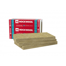 Kollane mineraalvill Rockwool Rockton Super, komplektis on mitu paneeli, pakitud punase, valge ja sinise pakendiga.