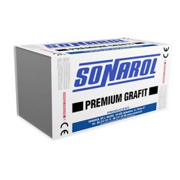 Valge ja sinise disainiga kartongkast, millel on SONAROL logo ja tekst 'PREMIUM GRAFIT'. Seda kasutatakse EPS S 031 vahtpolüstürooli pakendamiseks.
