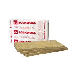 Pakendatud mineraalvill Rockwool Steprock Plus, nähtavad kaks villa plaati ja kaubamärgiga pakend.