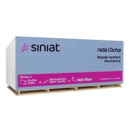 Siniati krohvplaatide pakk valge ja lilla disainiga; tooted on spetsifitseeritud akustilisteks ja eriti tugevateks DFH1IR 12.5x1200x2600.