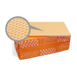 Oranži ja kollase mustriga vahtplastplaadi pakk, mõõtmetega 1250x600 mm ja paksusega 20-150 mm, suurendusklaasiga detailide näitamiseks.